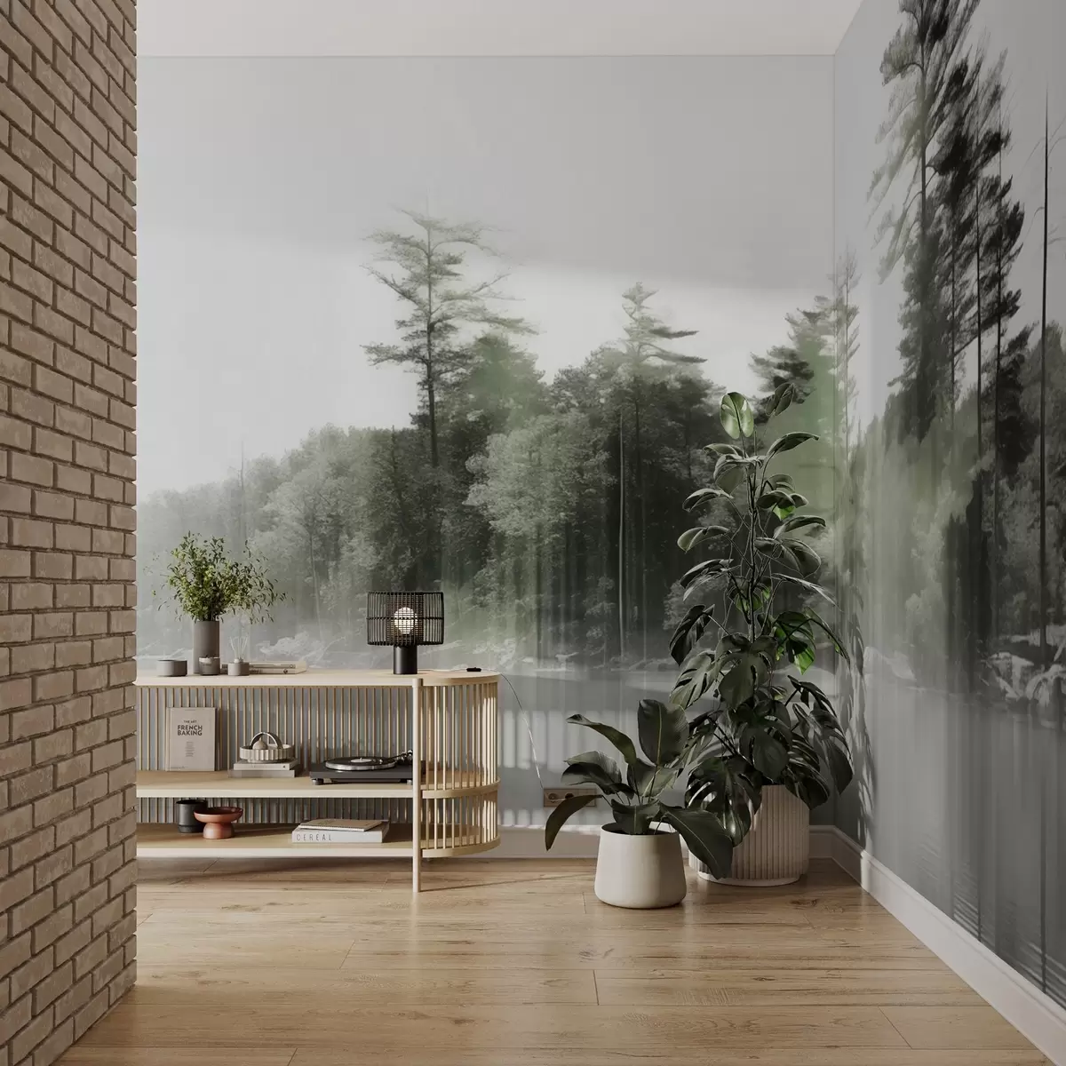 murales de pared Paisaje abstracto minimalista texturizado con un lago y árboles reflejados en el agua en tonos verdes y blancos w09058