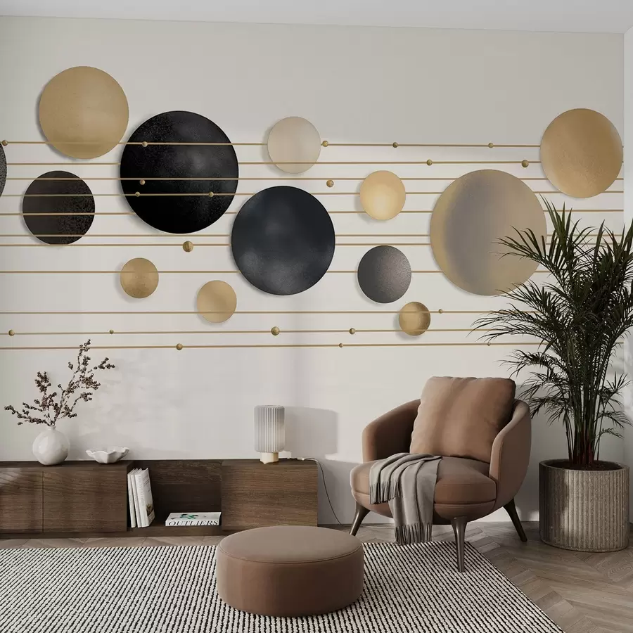 murales de pared Diseño moderno abstracto con círculos texturizados en tonos blancos, amarillos y grises, conectados por líneas finas, arte minimalista w09060