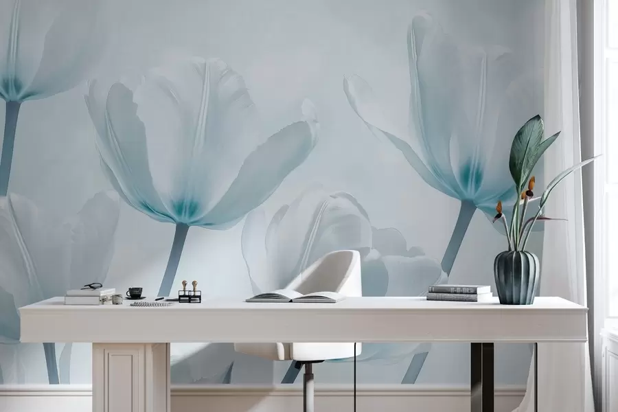 murales de pared Preciosos tulipanes, florales, colores azules, realismo w03877v1