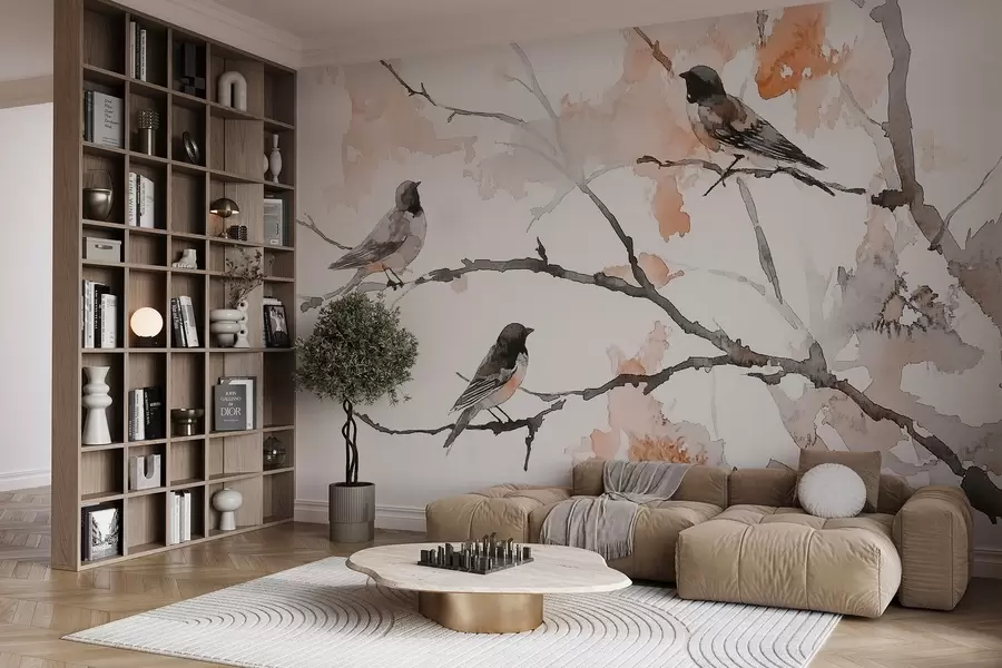 murales de pared Pájaros en las ramas de los árboles en estilo acuarela w09064v2