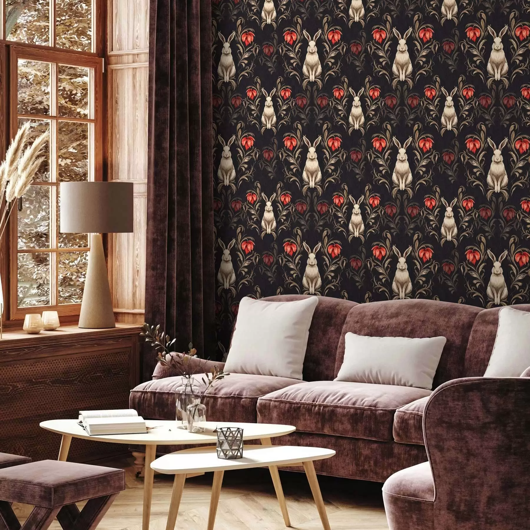 murales de pared Liebre y flores rojas sobre fondo oscuro a00102