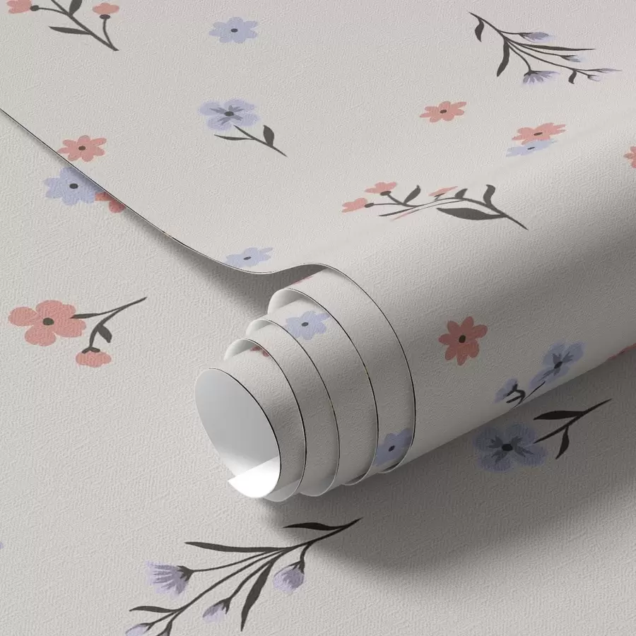 murales de pared Pequeñas flores en tonos rosa pálido y azul sobre fondo crema a00110
