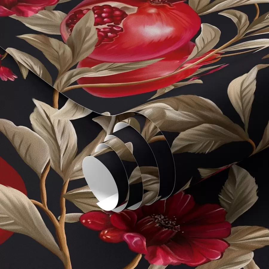 murales de pared Granadas y flores sobre fondo oscuro de estilo mediterráneo a00115
