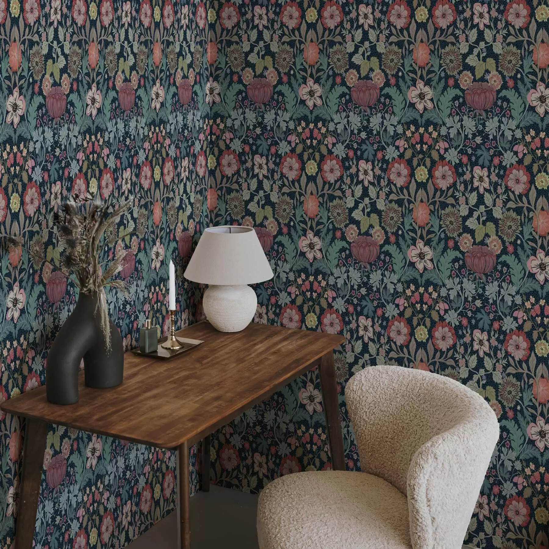 murales de pared Estampado floral en burdeos y verde a00145v5