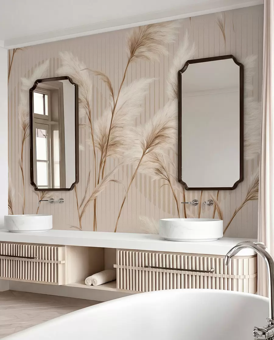 murales de pared Hierba de la Pampa sobre un fondo de líneas en tonos beige w09104