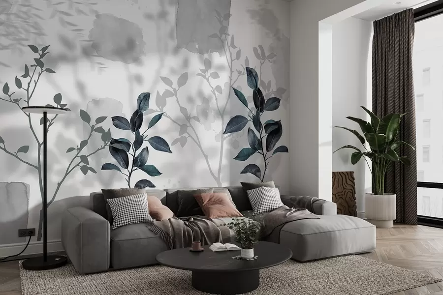 murales de pared Hojas de limonero, ramas de arbol sombras, naturaleza, acuarela, azul w03910v2
