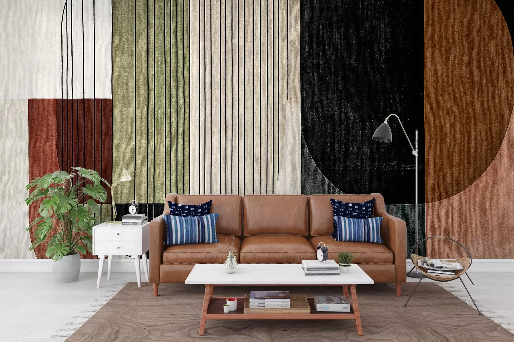 murales de pared moderna composición geométrica abstracta con formas superpuestas y patrones de líneas verticales, finas líneas que rellenan trapecios y óvalos, suave textura textil superpuesta, tonos cálidos apagados como verde oliva, topo, beige y carbón, sutiles efectos de transparencia entre las formas w03937v4
