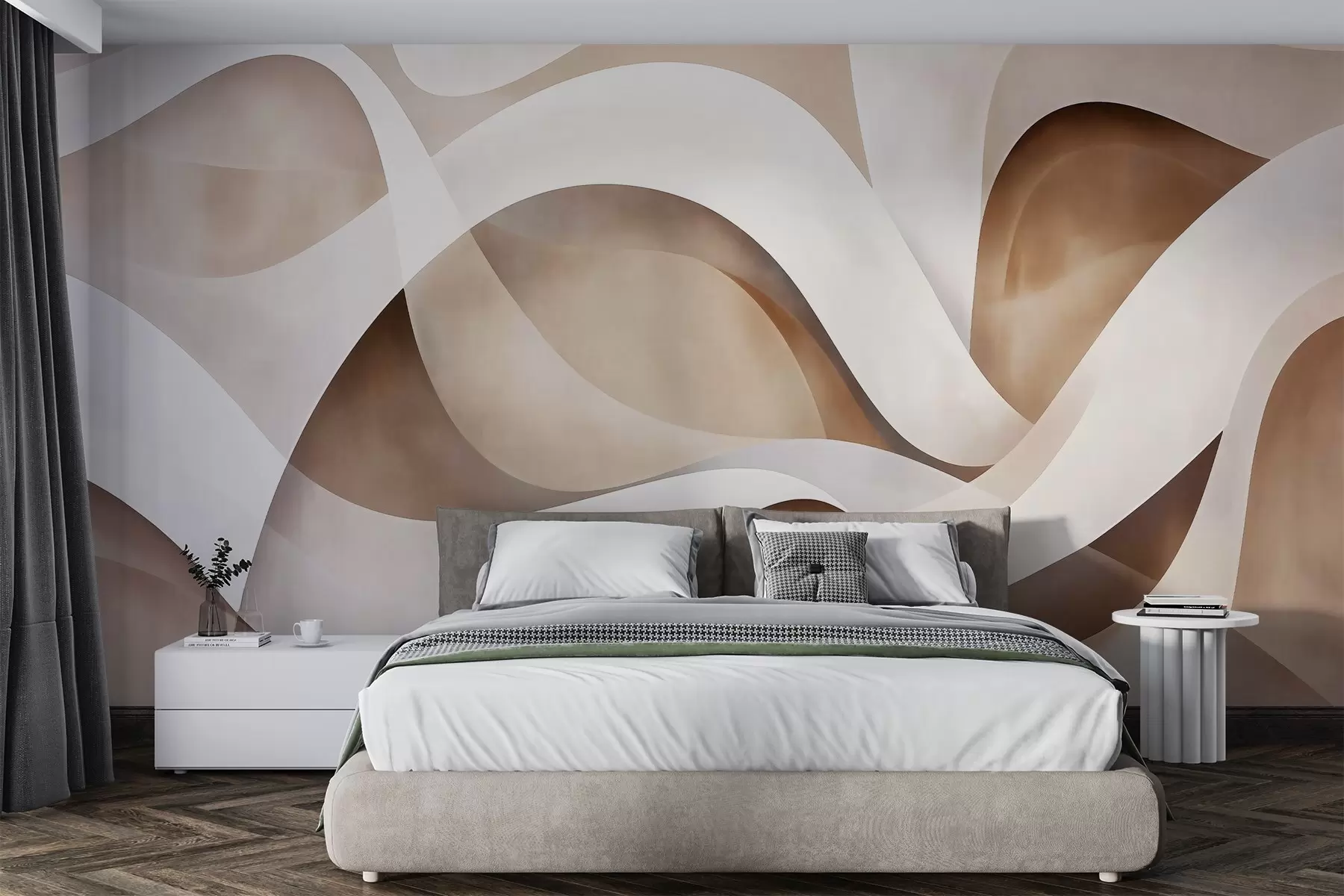 murales de pared composición minimalista abstracta de formas orgánicas en capas, cada una perfilada con un suave borde blanco, rellena de densos trazos lineales internos, como textura de tela o papel, curvas fluidas en tonos neutros beige, arena, piedra y marfil, aspecto gofrado w03940v1