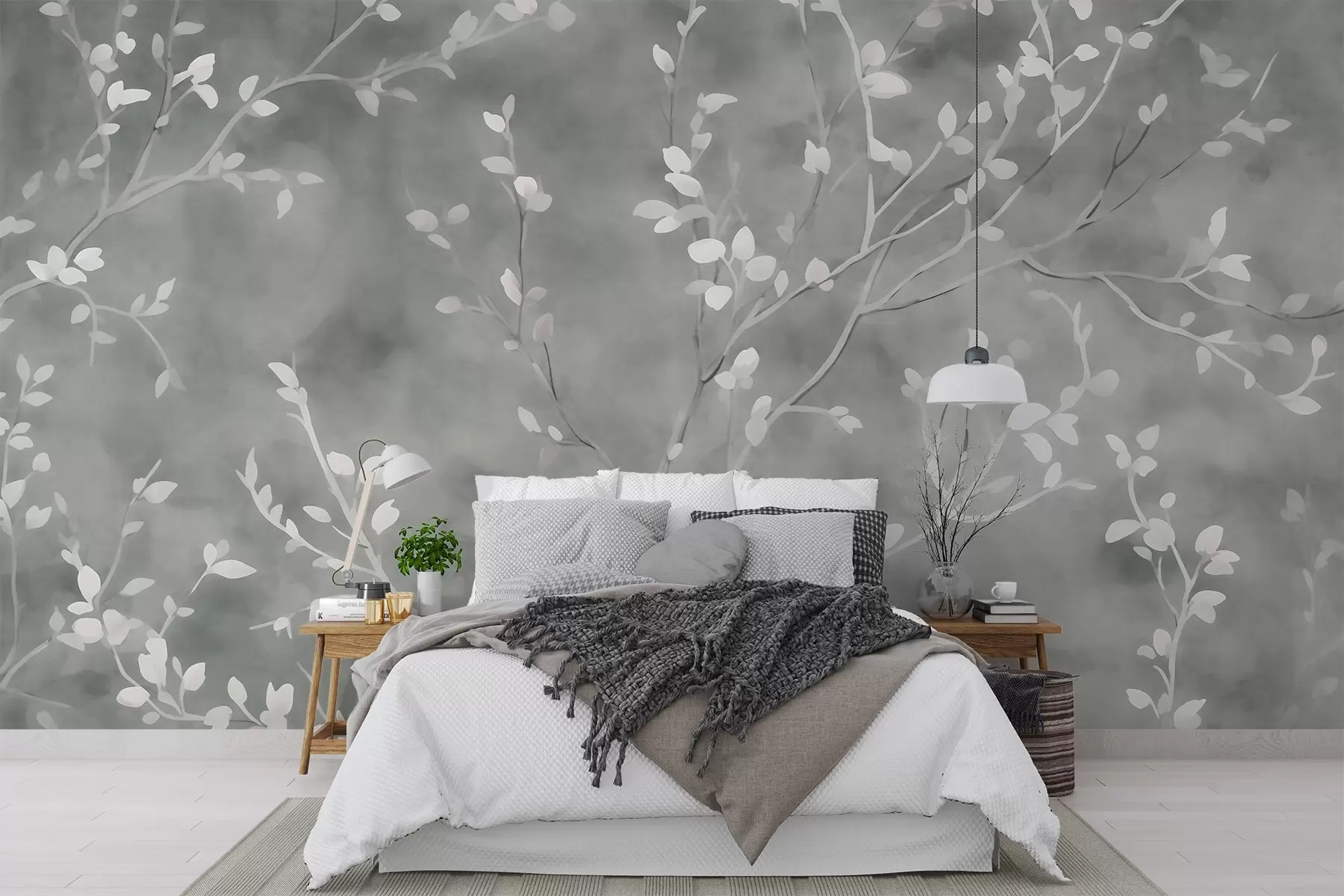 murales de pared papel pintado minimalista pintado a mano con suaves ramas de árbol blancas con delicadas hojas, que se ramifican orgánicamente sobre un fondo verde salvia apagado, finas líneas botánicas de flujo natural w03949v2