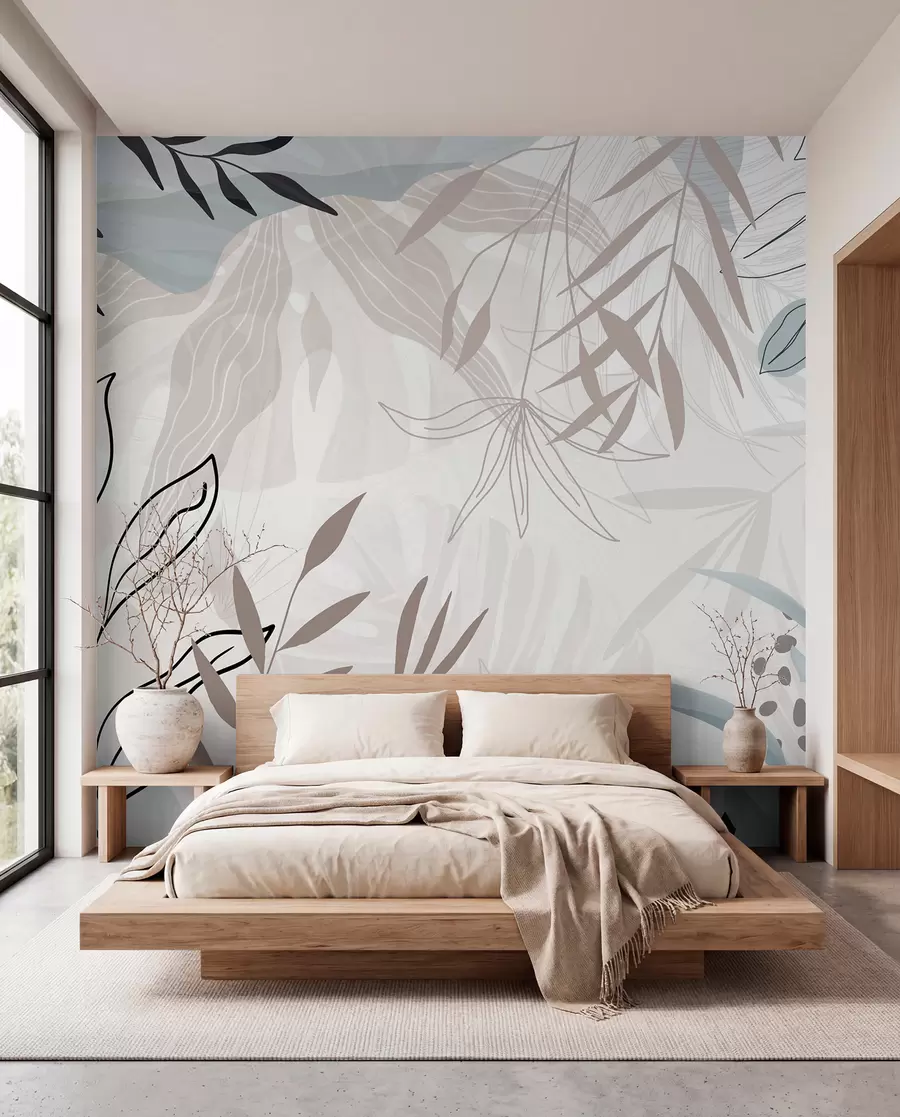 murales de pared Diseño floral abstracto moderno con hojas de color beige pastel, gris, azul y negro, delicado arte lineal y fondo suave w09105