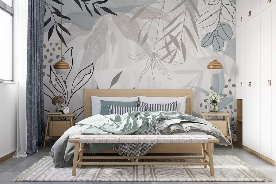 murales de pared Diseño floral abstracto moderno con hojas de color beige pastel, gris, azul y negro, delicado arte lineal y fondo suave w09105