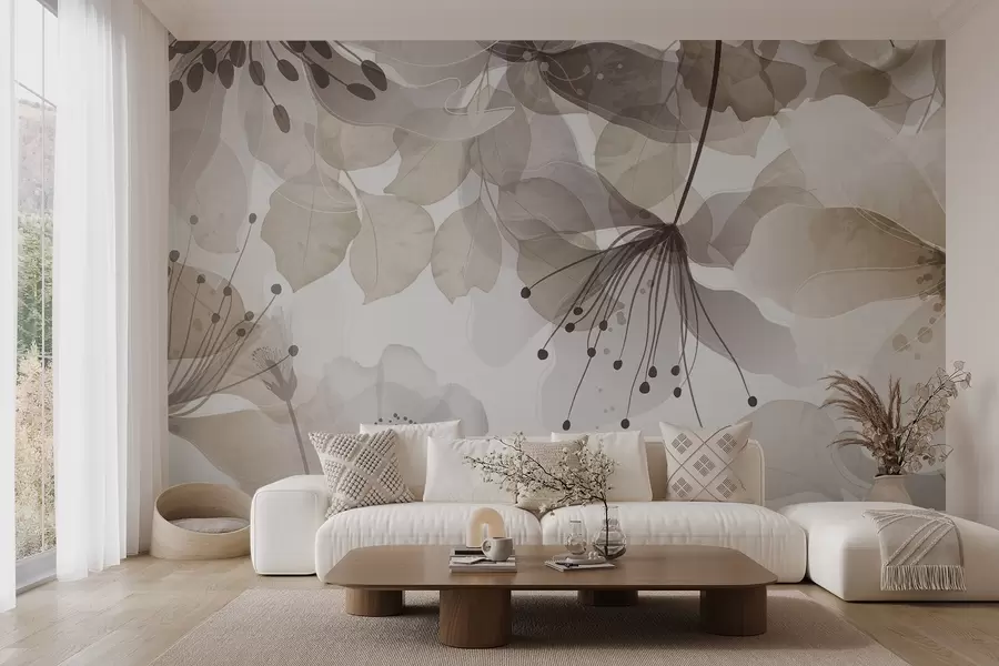 murales de pared Flores y hojas en colores beige, pétalos y hojas translúcidos, suave efecto acuarela, líneas delicadas, fondo blanco w09107v1