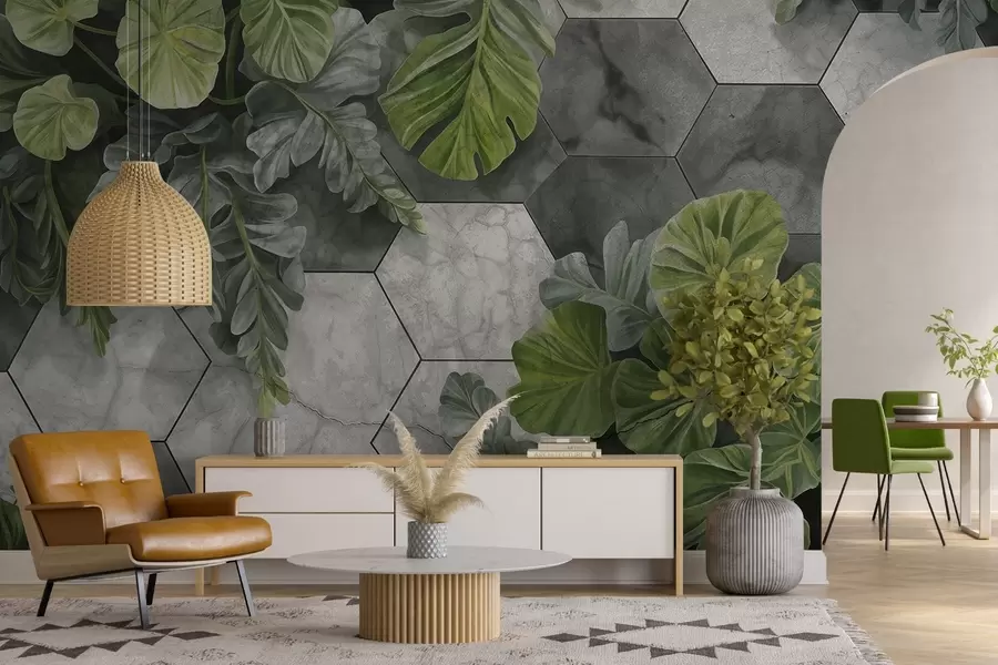 murales de pared Hojas verdes tropicales y plantas sobre un fondo de azulejos grises y blancos con textura, exuberante follaje diseño moderno w09117