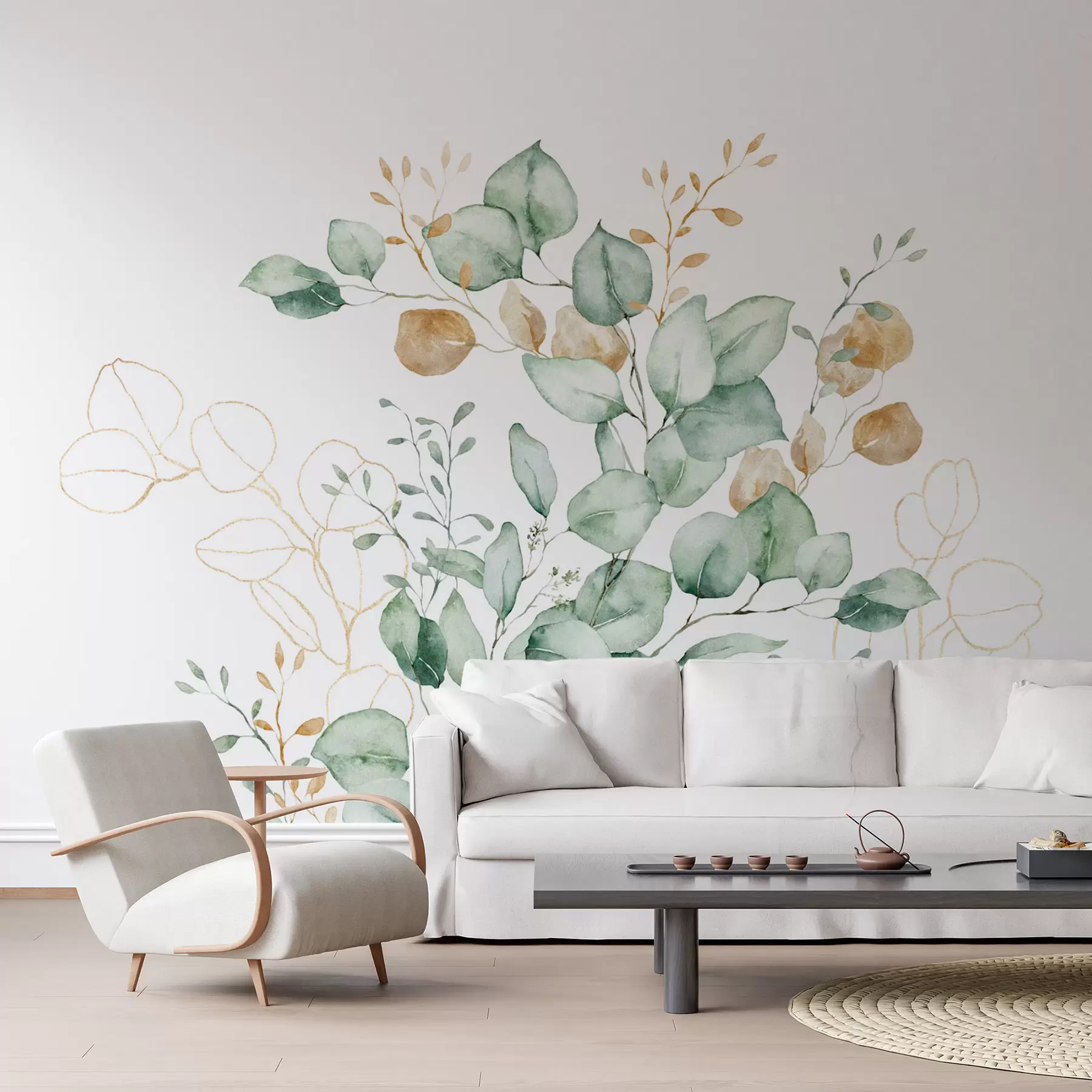 murales de pared Vegetación y ramas imitación de acuarela texturizada, tonos verdes y amarillos w03927