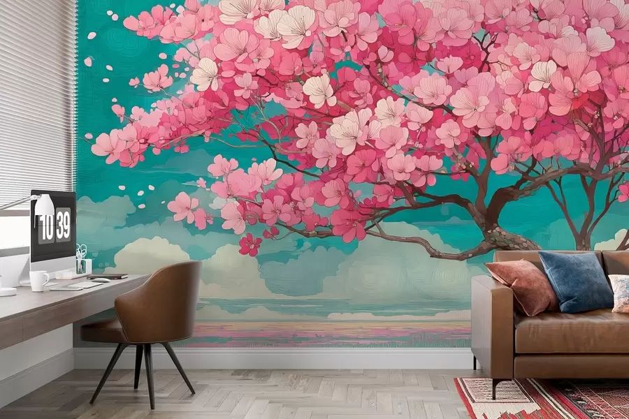 murales de pared Un cerezo rosa en flor con pétalos que caen y un cielo azul de estilo romántico w09120
