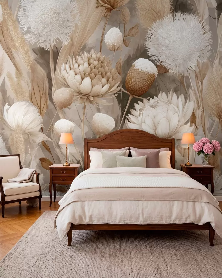 murales de pared Armonía boho: Flores texturizadas en tonos beige y crema w09121