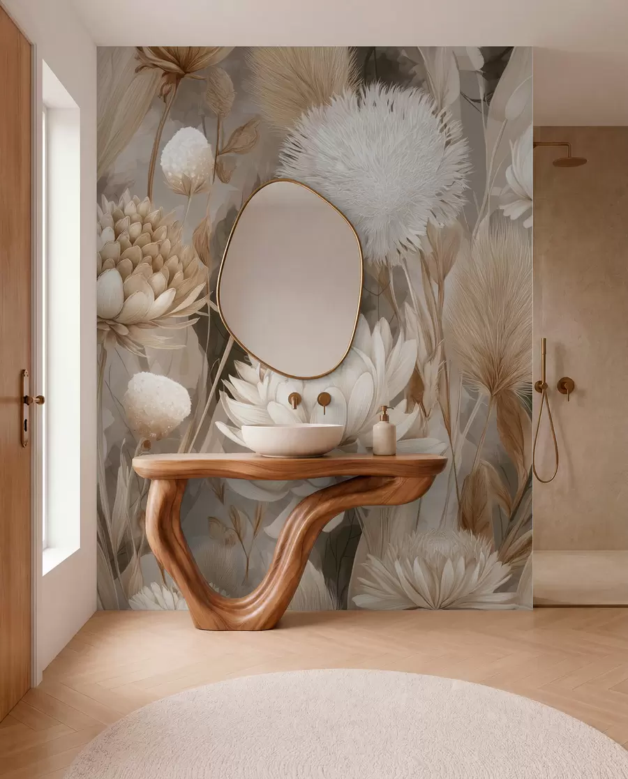 murales de pared Armonía boho: Flores texturizadas en tonos beige y crema w09121
