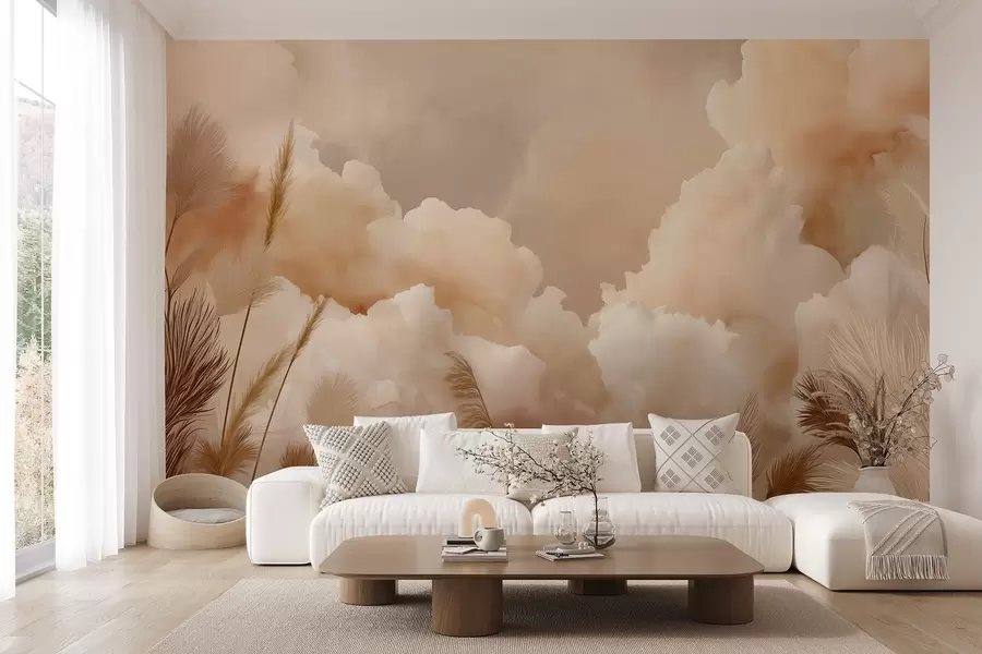 murales de pared Cielo beige con nubes cálidas y hierba de la pampa w09124