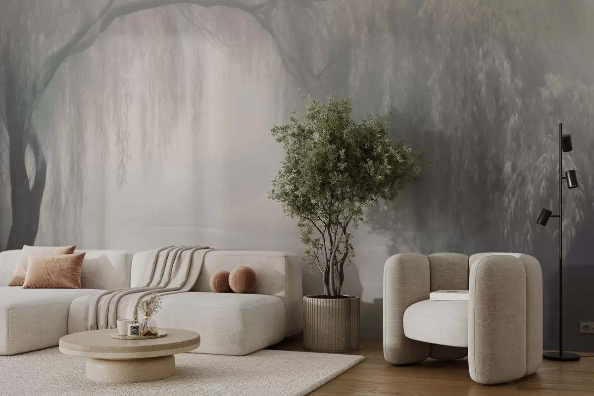 murales de pared Místico banco de sauces en la niebla matinal w03995