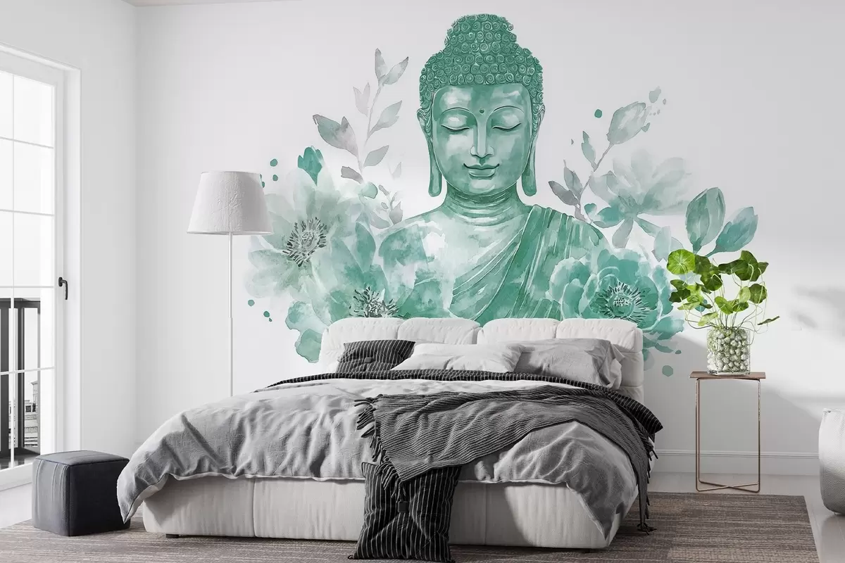 murales de pared Buda de acuarela con flores, espiritual, paleta de color verde w04005v3