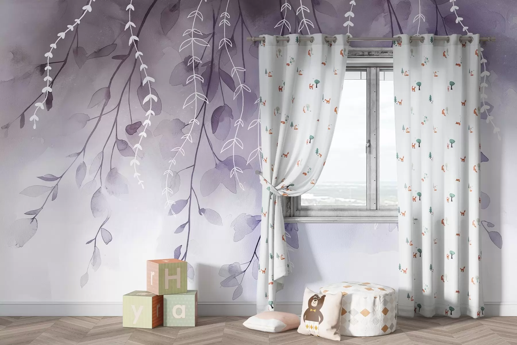 murales de pared Ramas con hojas en estilo acuarela, colores morados naturales w04007v2