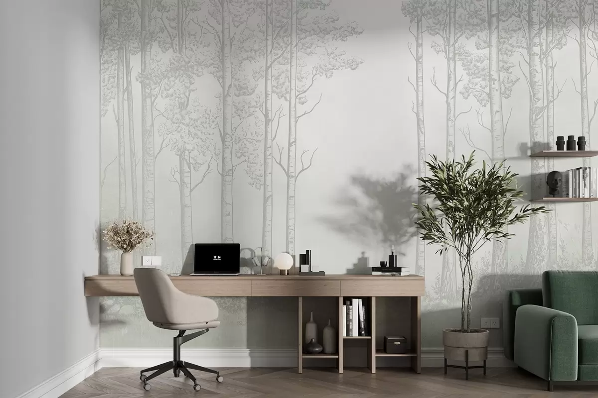murales de pared Bosque con abedules, minimalismo, naturaleza, paleta de colores verdes w04009v1