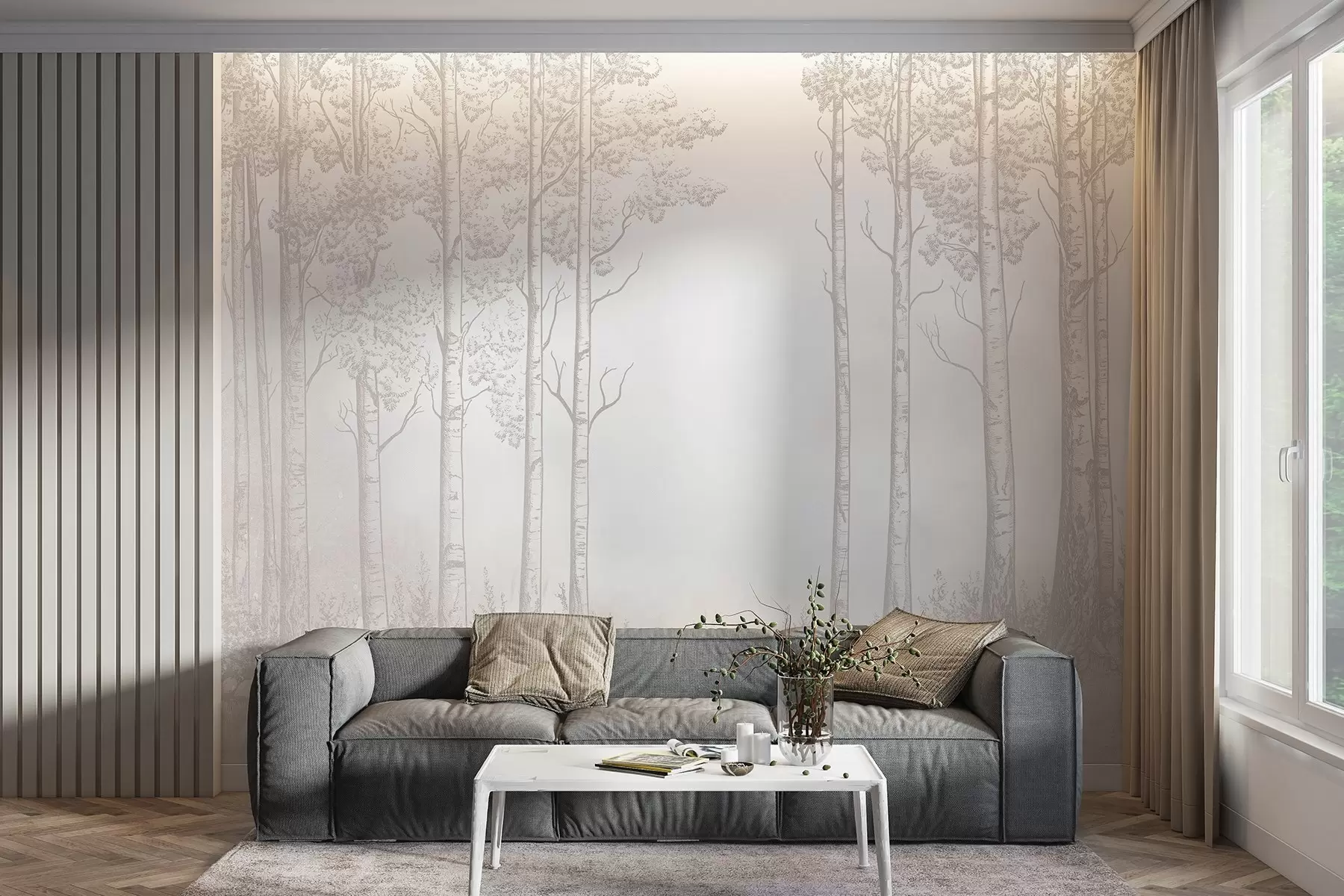 murales de pared Bosque con abedules, minimalismo, naturaleza, paleta de colores beige w04009v3
