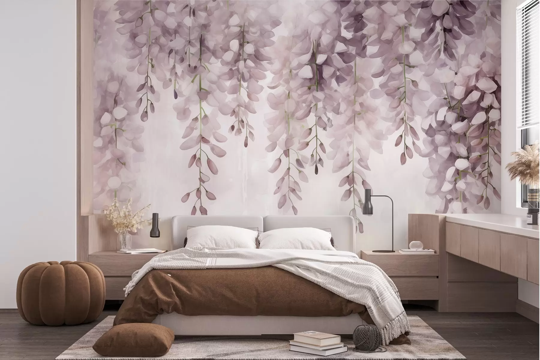 murales de pared Suave escena de acuarela en tonos rosa cremoso, con racimos de glicinas en cascada formando una cortina floral de ensueño w04034v2