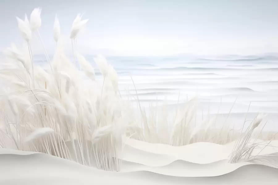 murales de pared Paisaje con hierba de pampa blanca sobre una duna de arena, con un océano azul claro de fondo, estilo suave y minimalista w09132