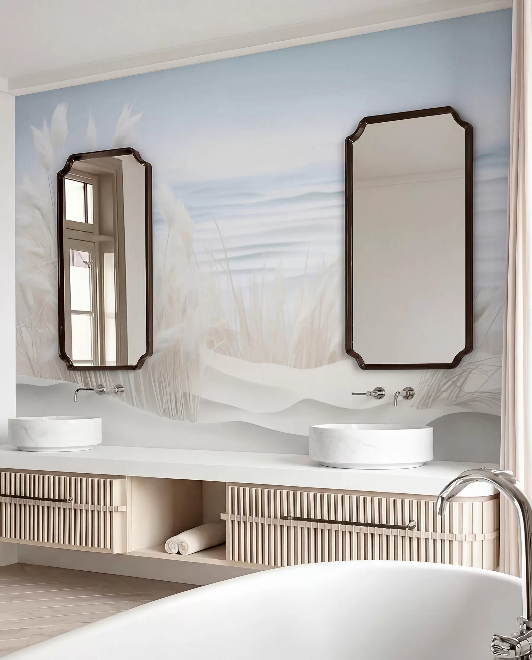 murales de pared Paisaje con hierba de pampa blanca sobre una duna de arena, con un océano azul claro de fondo, estilo suave y minimalista w09132