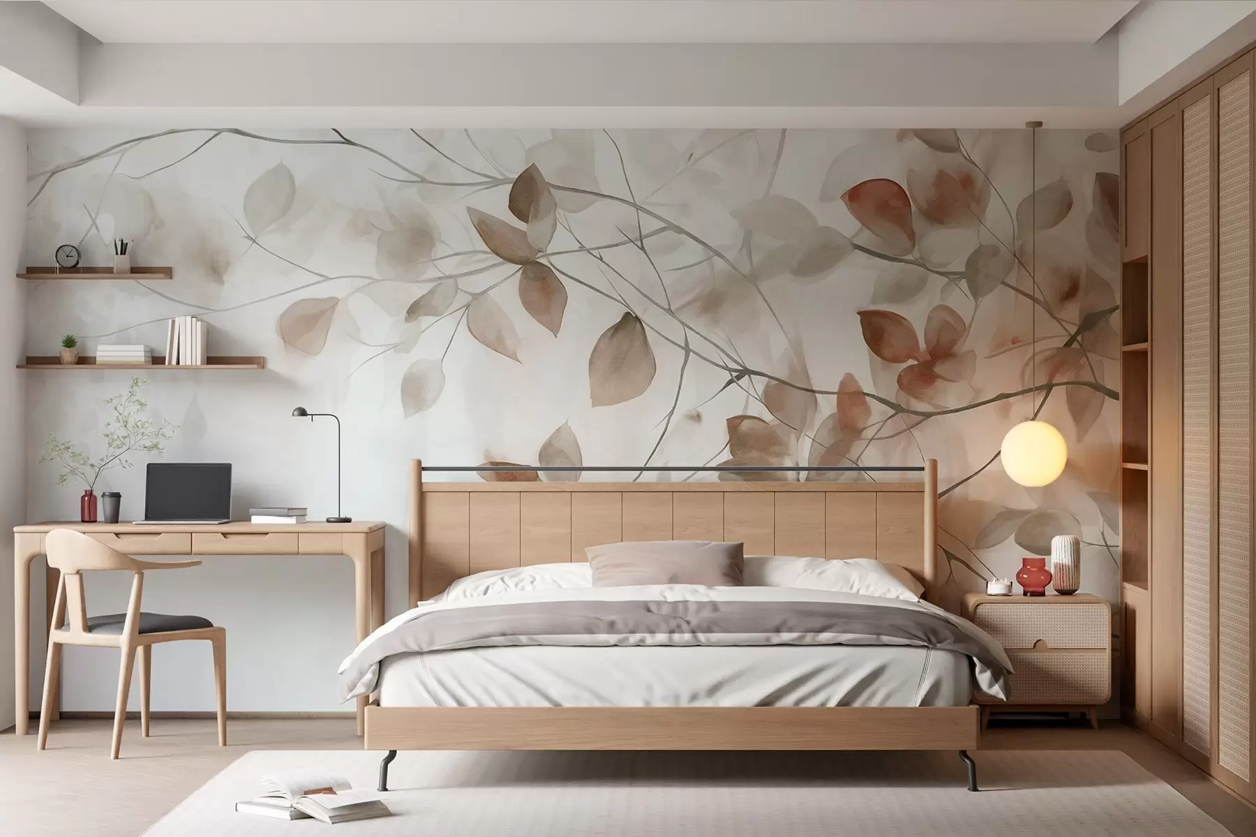 murales de pared Pintura en acuarela con textura imitando hojas y ramas marrones, colores suaves, detalles delicados sobre fondo blanco w09133
