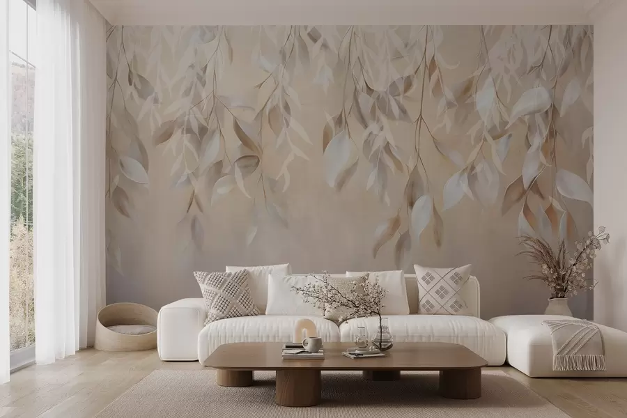 murales de pared Hojas colgantes de textura blanca y beige con una suave paleta de colores, melocotón, gris y blanco delicado de fondo w09136