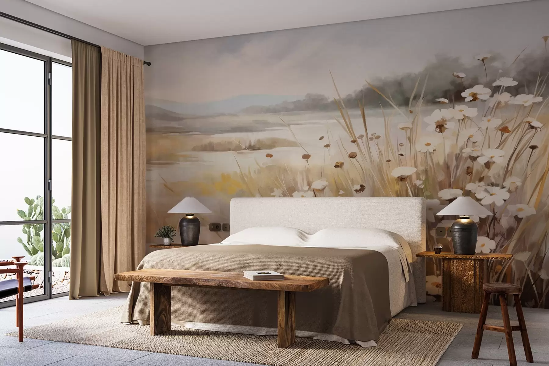 murales de pared Campo de hierba alta y margaritas blancas, árboles al fondo, bajo un cielo nublado, paisaje con textura, pinceladas suaves w09139