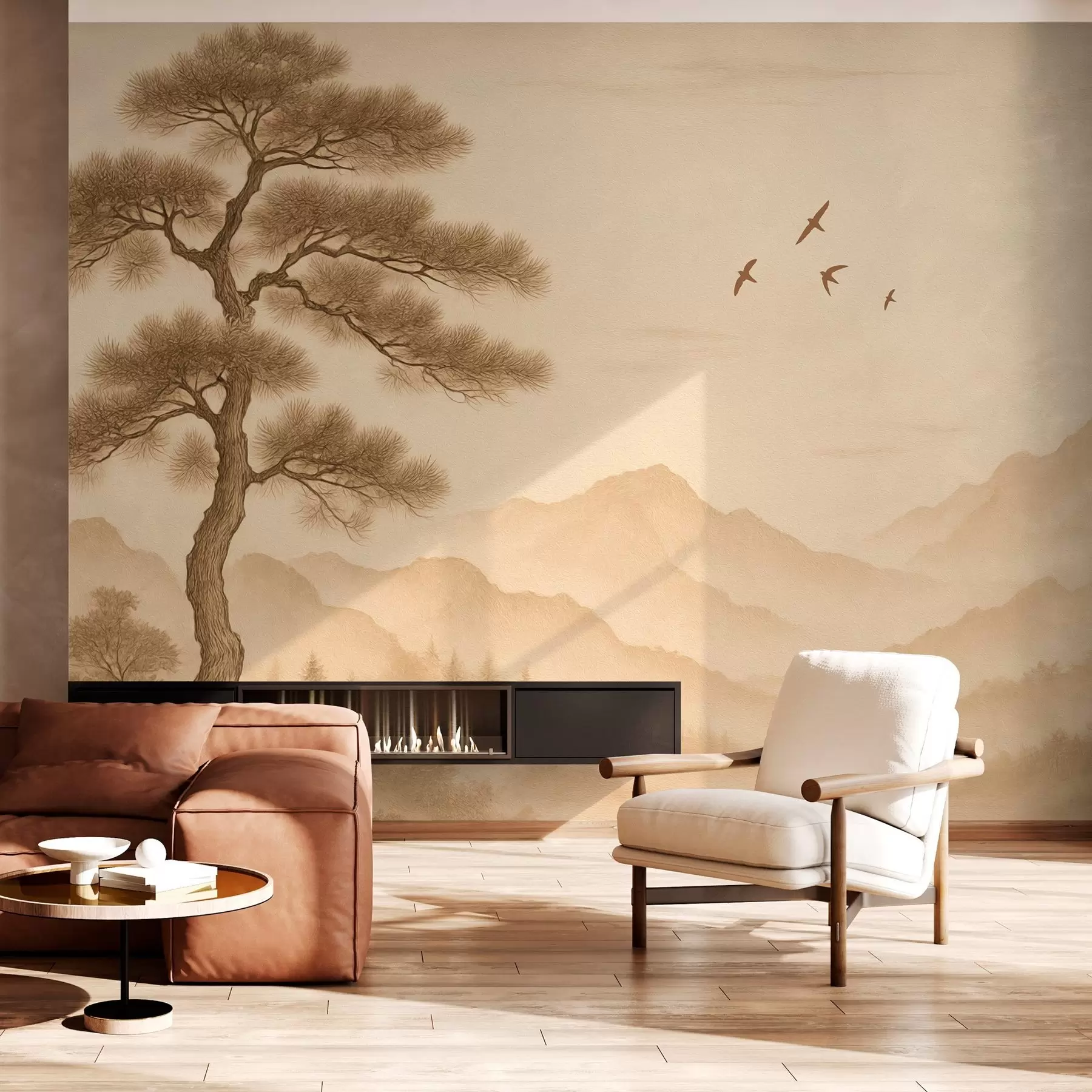 murales de pared panorama de las colinas con un gran árbol en estilo sepia w04033