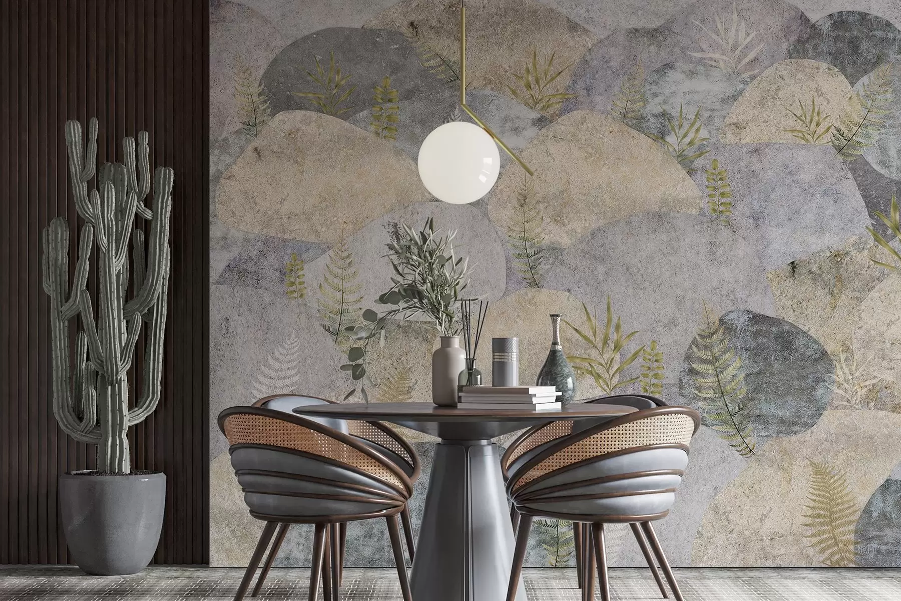 murales de pared Piedras con plantas, helecho, nórdico, estilo rústico, colores gris y arena w04064