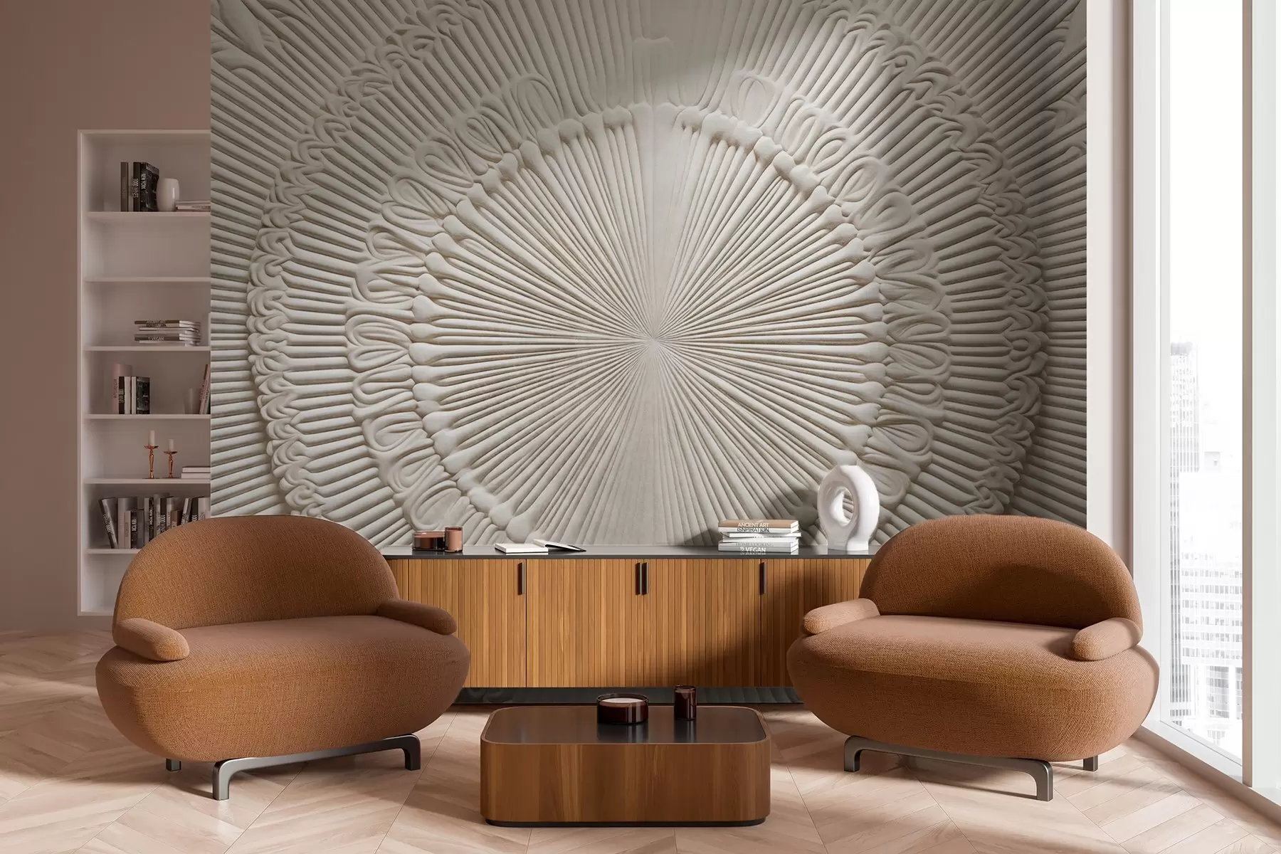 murales de pared Estampado circular abstracto texturizado con líneas radiales y elementos decorativos, diseño simétrico, textura en relieve w09154