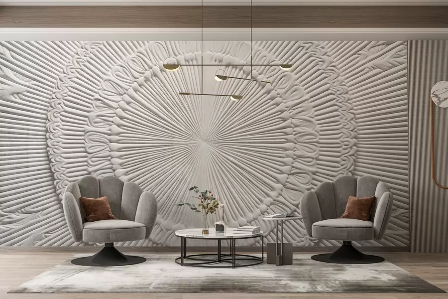 murales de pared Estampado circular abstracto texturizado con líneas radiales y elementos decorativos, diseño simétrico, textura en relieve w09154
