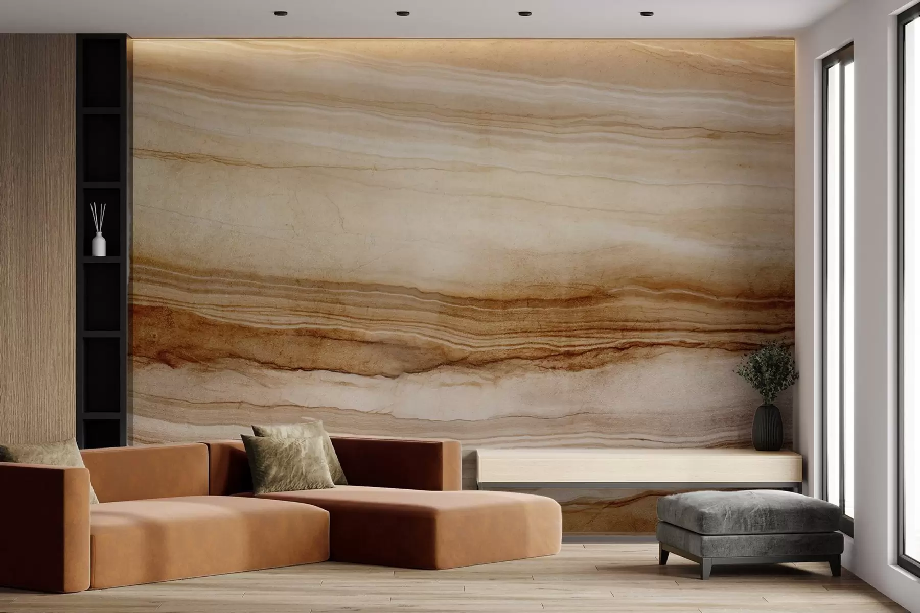 murales de pared Imitación de textura de madera con líneas horizontales, beige y marrón oscuro , estampado natural, tonos tierra suaves w09156