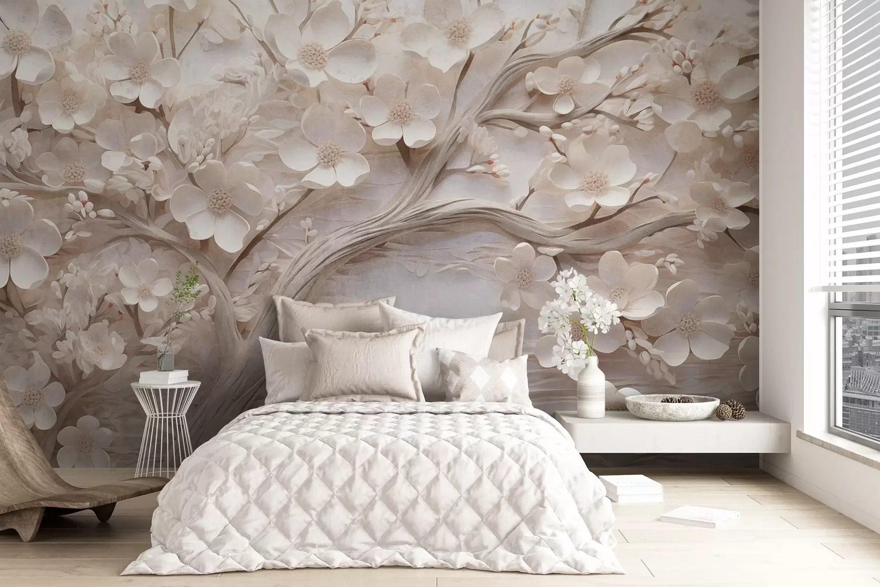 murales de pared Árbol texturizado con flores blancas y tronco marrón, el fondo es blanco con líneas horizontales iluminación suave w09166