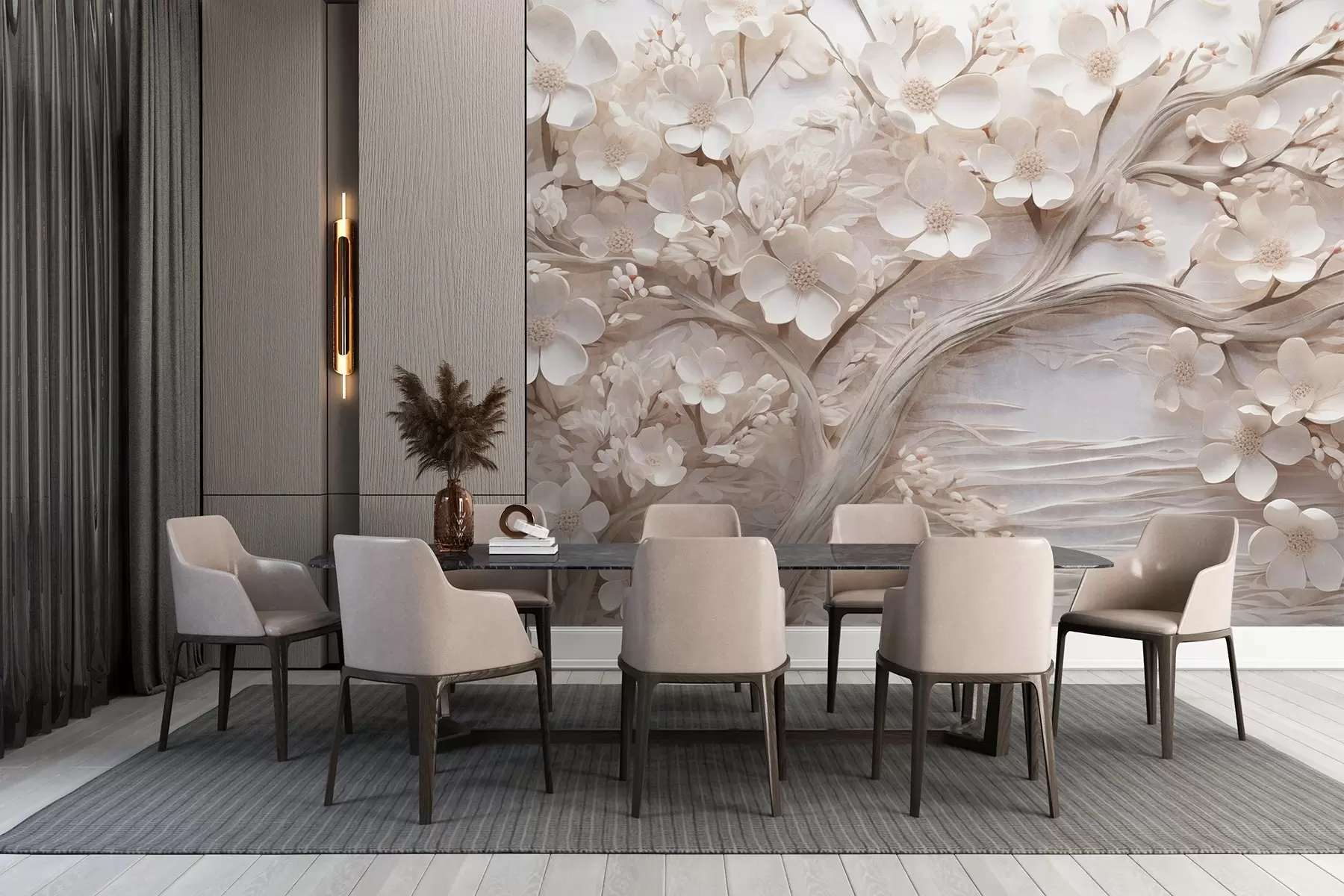 murales de pared Árbol texturizado con flores blancas y tronco marrón, el fondo es blanco con líneas horizontales iluminación suave w09166