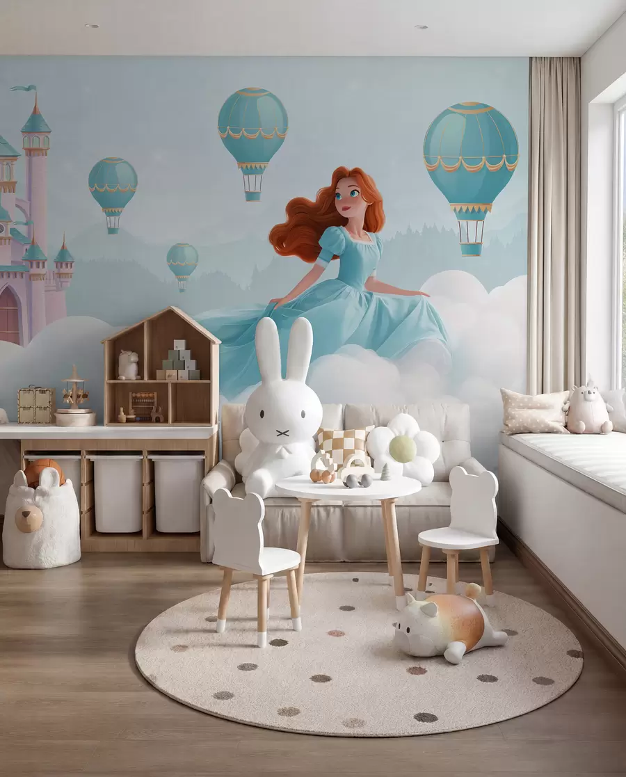 murales de pared Princesa entre las nubes sobre el fondo del paisaje con el castillo w04015