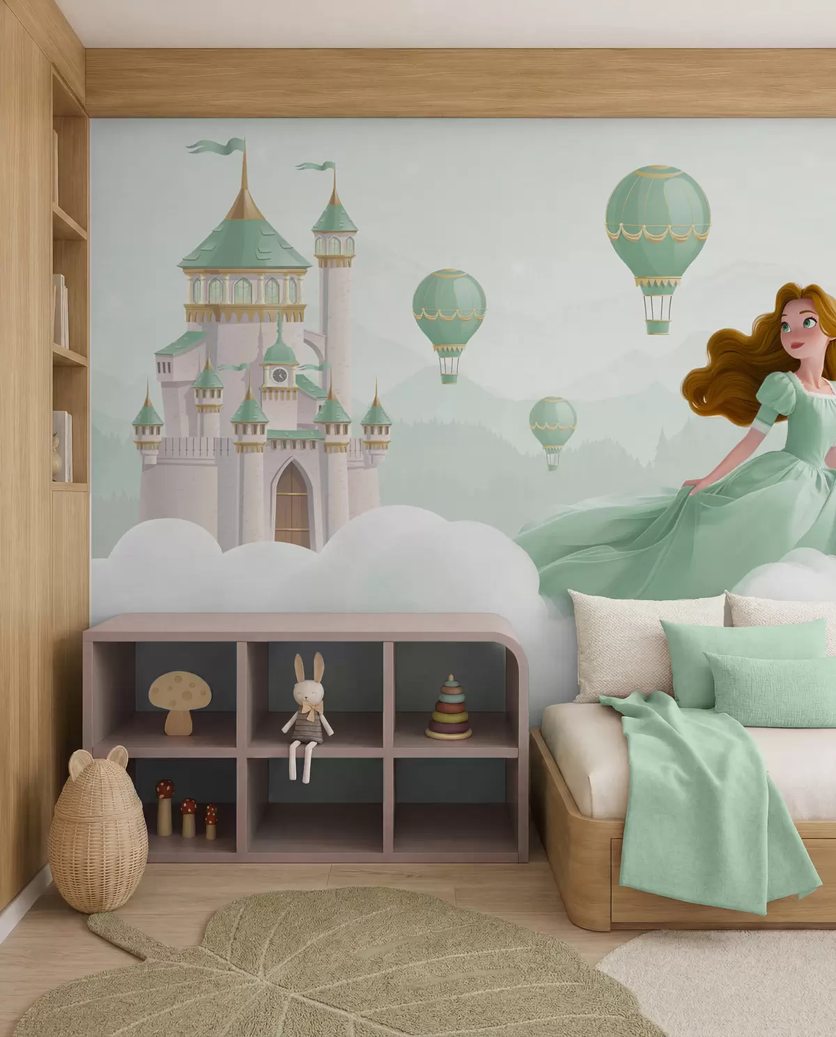 murales de pared Princesa entre las nubes sobre el fondo del paisaje con el castillo w04015v2