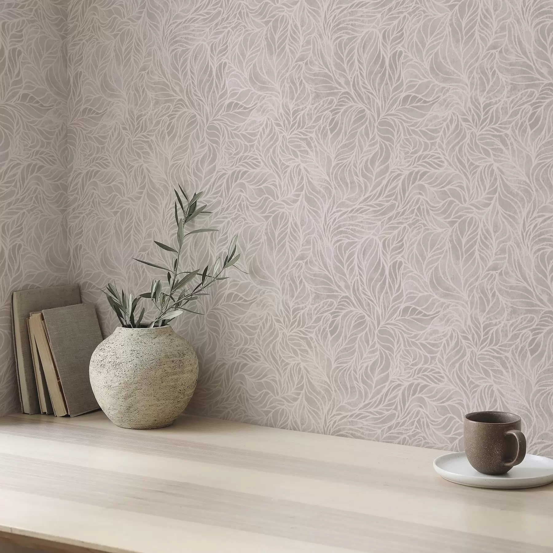 murales de pared Textura abstracta beige con suaves líneas de hojas a00179
