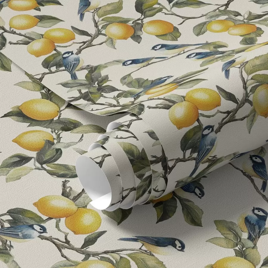 murales de pared Pájaros y limones en las ramas, dibujo botánico en acuarela a00207