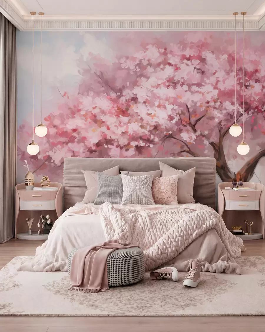 murales de pared Abstracto árbol en flor rosa en plena floración, junto a un río, pinceladas de textura suave y colores pastel w09193