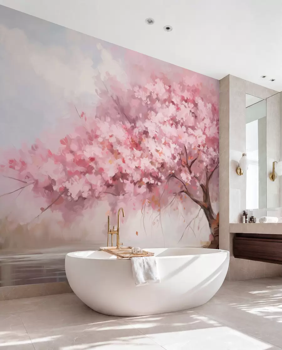 murales de pared Abstracto árbol en flor rosa en plena floración, junto a un río, pinceladas de textura suave y colores pastel w09193