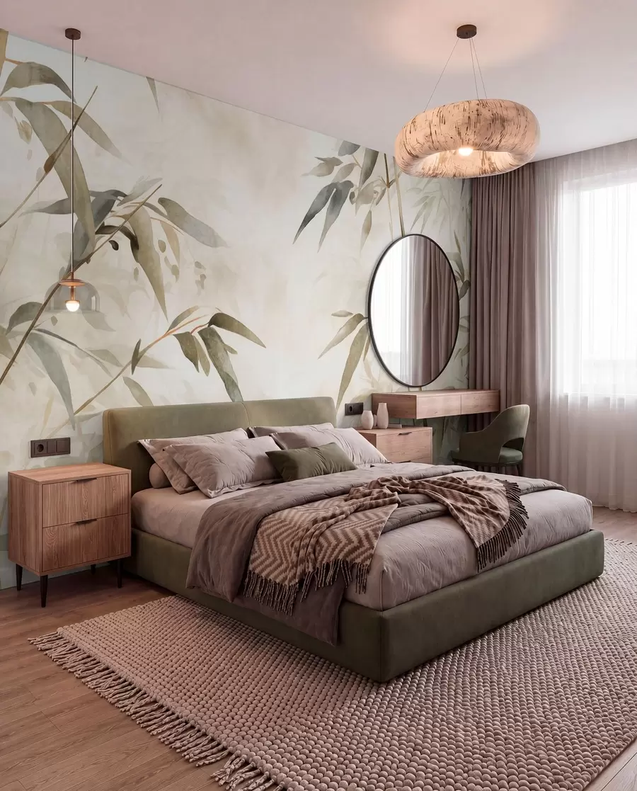 murales de pared Ramas con textura de bambú y hojas en estilo acuarela, suave paleta de colores neutros, fondo beige claro w09204