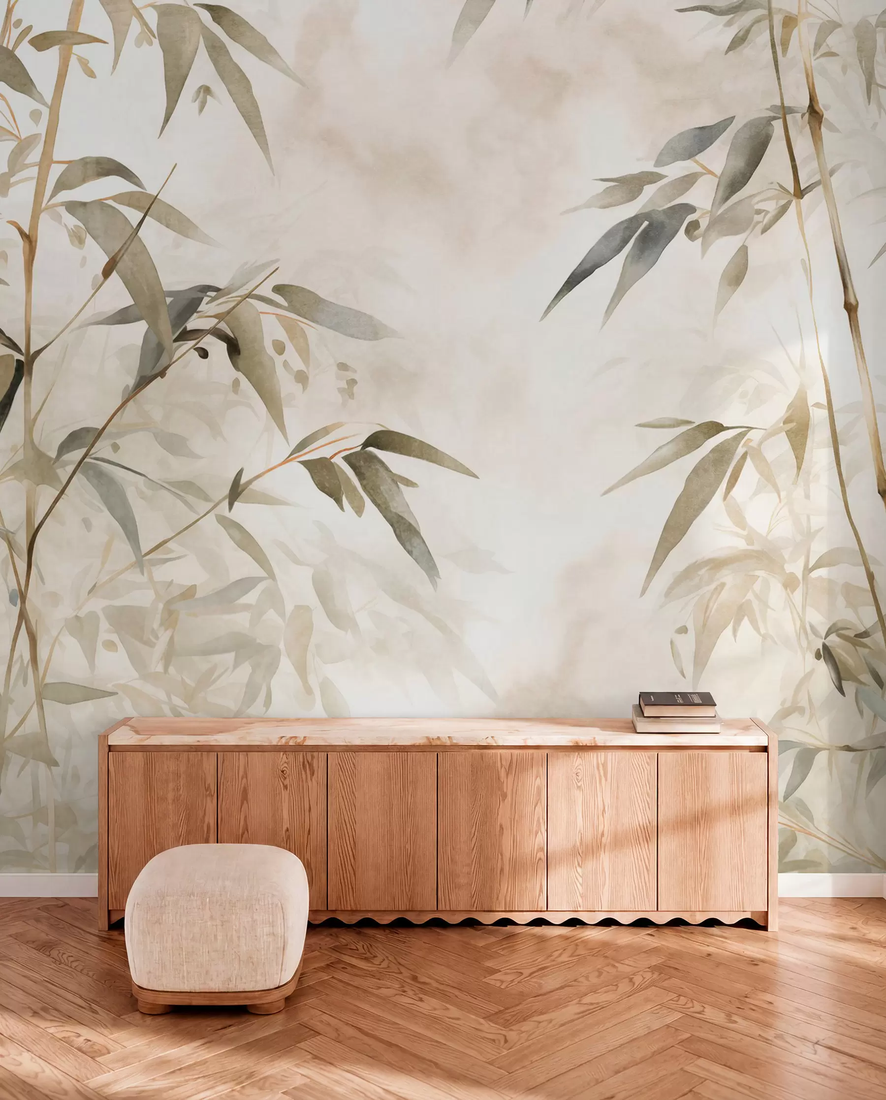 murales de pared Ramas con textura de bambú y hojas en estilo acuarela, suave paleta de colores neutros, fondo beige claro w09204