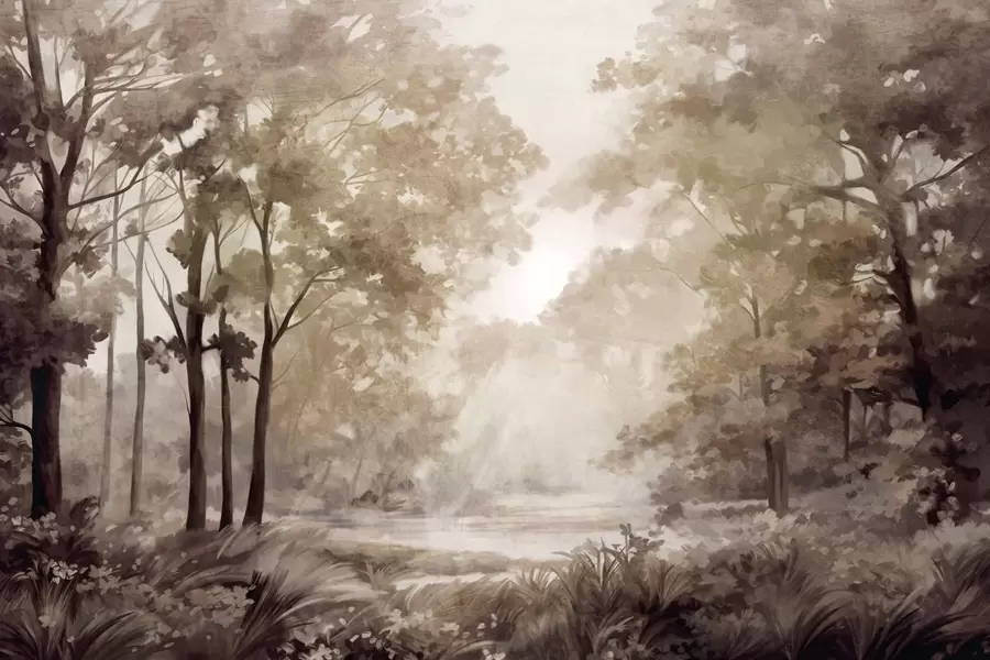 murales de pared Paisaje forestal texturizado, árboles con hojas beige y marrones, paleta de colores pastel w09210