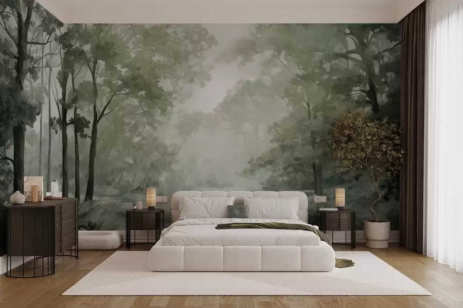 murales de pared Paisaje forestal texturizado, árboles con hojas verdes, paleta de colores pastel w09210v2